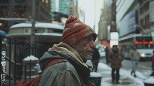Elderly man in warm clothing with concerned expression walking on snowy city street. Urban lifestyle and seasonal attire.