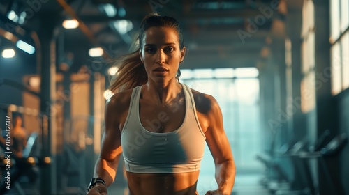 Young woman doing an intense workout in a modern gym in the background.