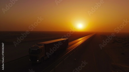 Truck journeying at sunset on asphalt road, symbolizing global trade momentum and economic growth.