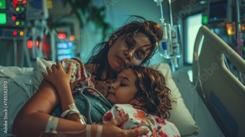 Mother and Daughter in Hospital. A tender moment between a mother and her sick daughter in a hospital room, their bond transcending the clinical setting.