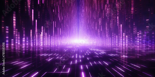 Violet abstract binary code background with glowing light rays and digital numbers for technology concept