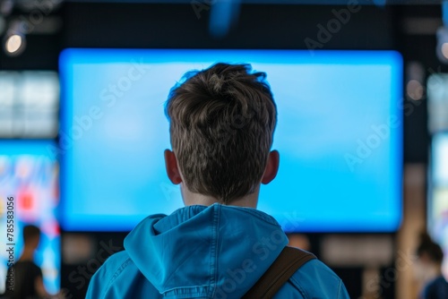 App mockup shoulder view of a teen boy in front of a interactive digital board with an entirely blue screen