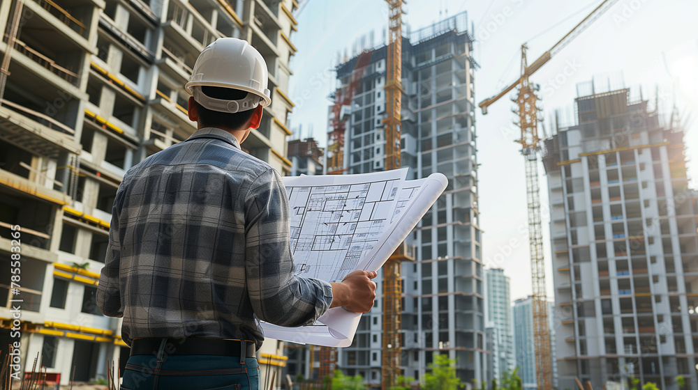 An engineer holding blueprints, with a construction site in the background, Generative AI An engineer holding blueprints, with a construction site in the background, Generative AI