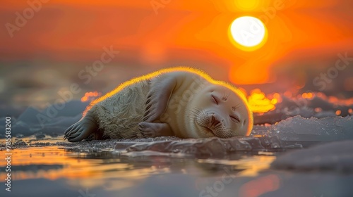   A seal rests atop tranquil water, sunset backdrop featuring vibrant orange and yellow hues photo