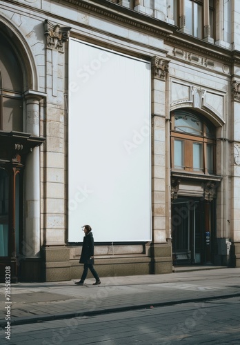 Standing on a wall, a person holds a blank board amidst a business interior with empty frames and advertising space, high-resolution (300 DPI)