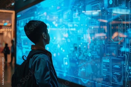App mockup shoulder view of a boy in front of a interactive digital board with an entirely blue screen