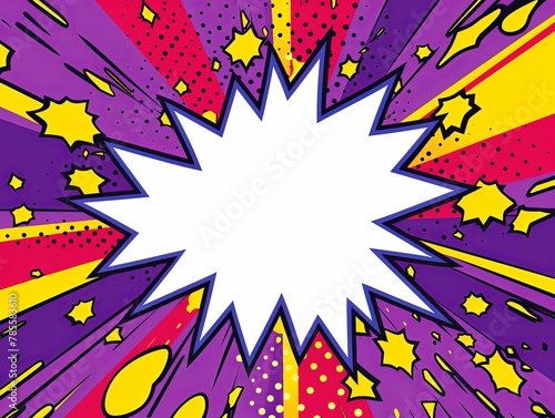 Violet background with a white blank space in the middle depicting a cartoon explosion with yellow rays and stars
