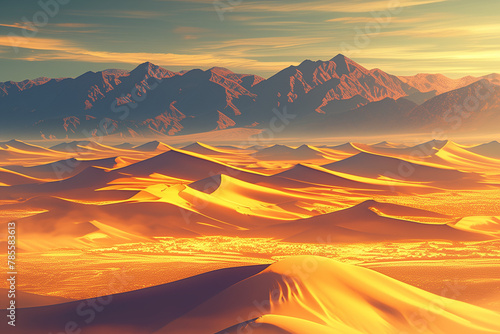 Majestic Sunrise Over Desert Sands, Golden Glow Landscape Scene