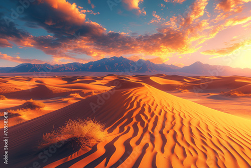Majestic Sunrise Over Desert Sands, Golden Glow Landscape Scene