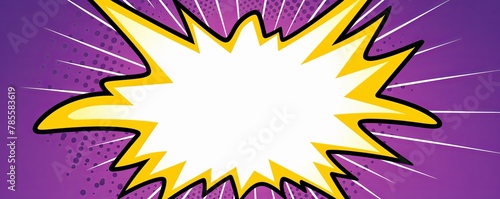 Violet background with a white blank space in the middle depicting a cartoon explosion with yellow rays and stars