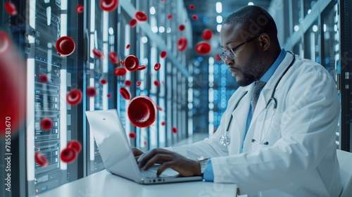 A healthcare professional is analyzing data on a laptop amidst floating red blood cells in a futuristic server room