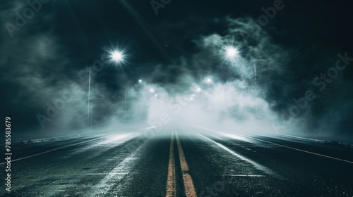Illuminated street at night with smoke, perfect backdrop for dramatic displays. © Postproduction