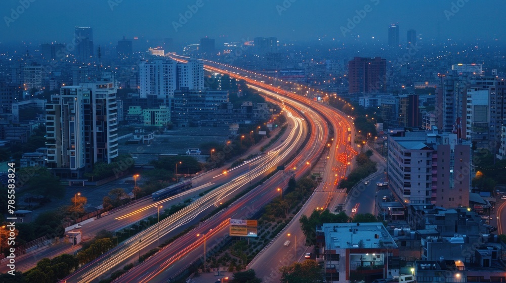 City Lights. Traffic Streams Along Highway - A bustling city at night, showcasing traffic flowing along a highway, capturing the energy of urban life.