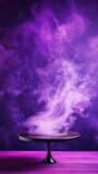 violet background with a wooden table and smoke. Space for product presentation, studio shot