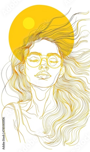 A stylized illustration of a woman with flowing hair against a yellow sun-like background