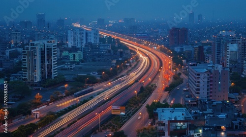 City Lights. Traffic Streams Along Highway - A bustling city at night, showcasing traffic flowing along a highway, capturing the energy of urban life. © Postproduction