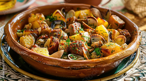 Carne de Porco à Alentejana Traditional Portuguese Dish. Marinated Pork Cooked With Clams, Potatoes And Spices