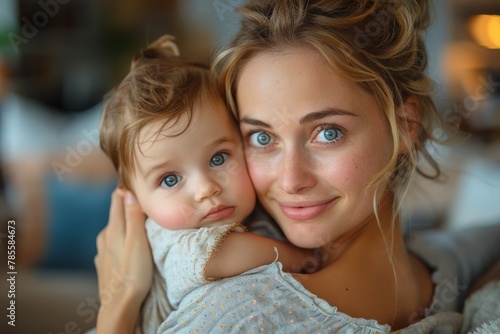 A tender moment captured as a young woman with blue eyes holds a toddler lovingly close to her face