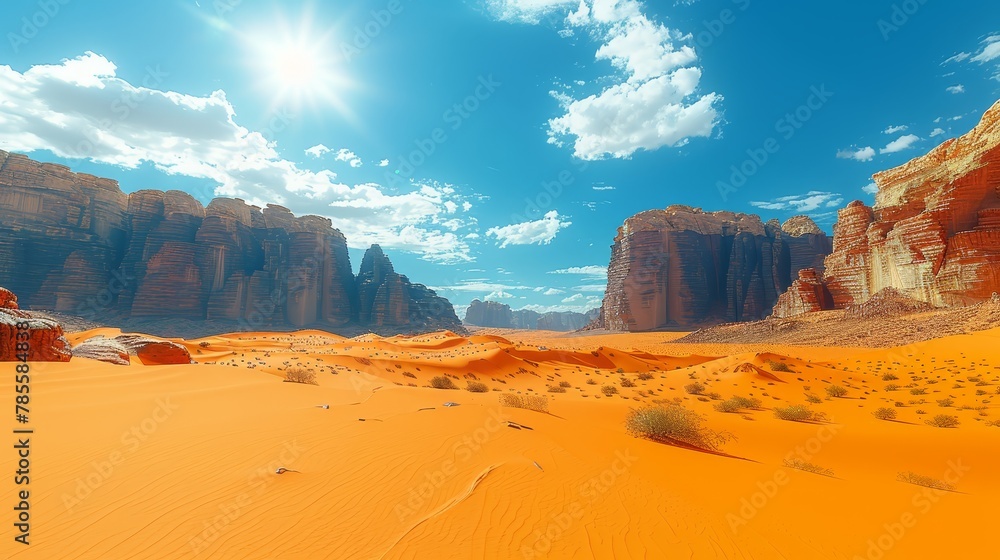Fototapeta premium Rocks and sand in foreground, bright blue sky with clouds in background