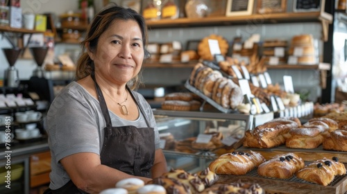Female entrepreneur in a bustling bakery and coffee shop showcasing artisanal pastries.