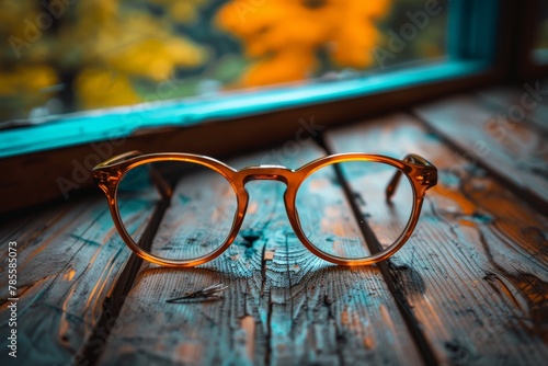 Nostalgic image of vintage style eyeglasses with round frames on a rustic wooden surface