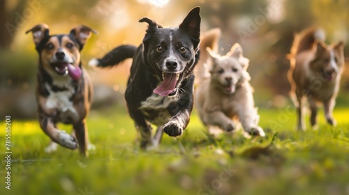Playful Pets in the Fields - Dogs and cats enjoying a joyous romp in the fields with a blurred background.