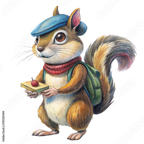 A cartoon squirrel wearing a blue beret  red scarf  and green backpack holding a piece of bread with strawberry jam.