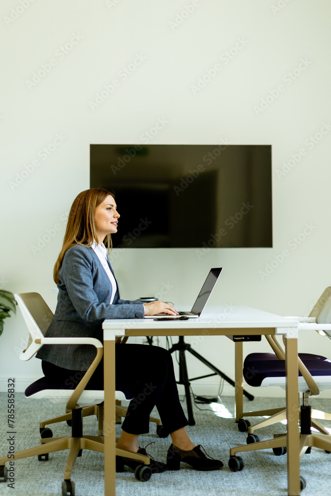 Elegant Professional Woman Smiling While Working on Laptop in Bright Office Space Elegant Professional Woman Smiling While Working on Laptop in Bright Office Space