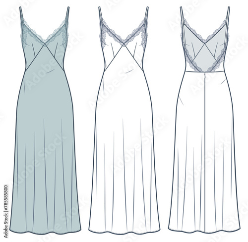 Slip Dress technical fashion illustration. Maxi Dress with Lace trim fashion flat technical drawing template, back zip-up, strap, front and back view, white, blue, women CAD mockup set. photo