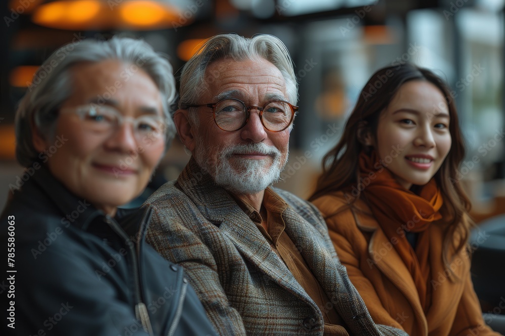 Fototapeta premium An elderly man with glasses, alongside two female friends of different ages, sharing a moment