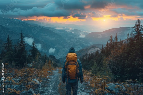 A solitary hiker with an orange backpack admires a breathtaking sunset over the serene, mountainous horizon