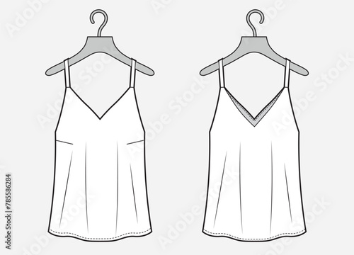 Women's top fashion flat sketch. White top on hanger