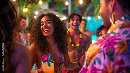 Vibrant Tropical Party: Joyful People Enjoying Summer Night