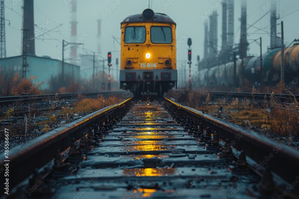 A locomotive heads toward the camera on a foggy, mystical morning with light reflecting off wet rails