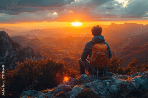 Silhouette of a backpacker on a mountain peak with a stunning sunset backdrop