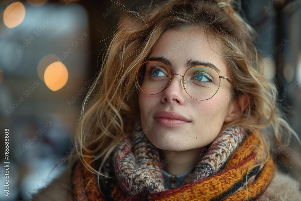 A contemplative young woman with glasses wrapped in a cozy knit scarf A contemplative young woman with glasses wrapped in a cozy knit scarf
