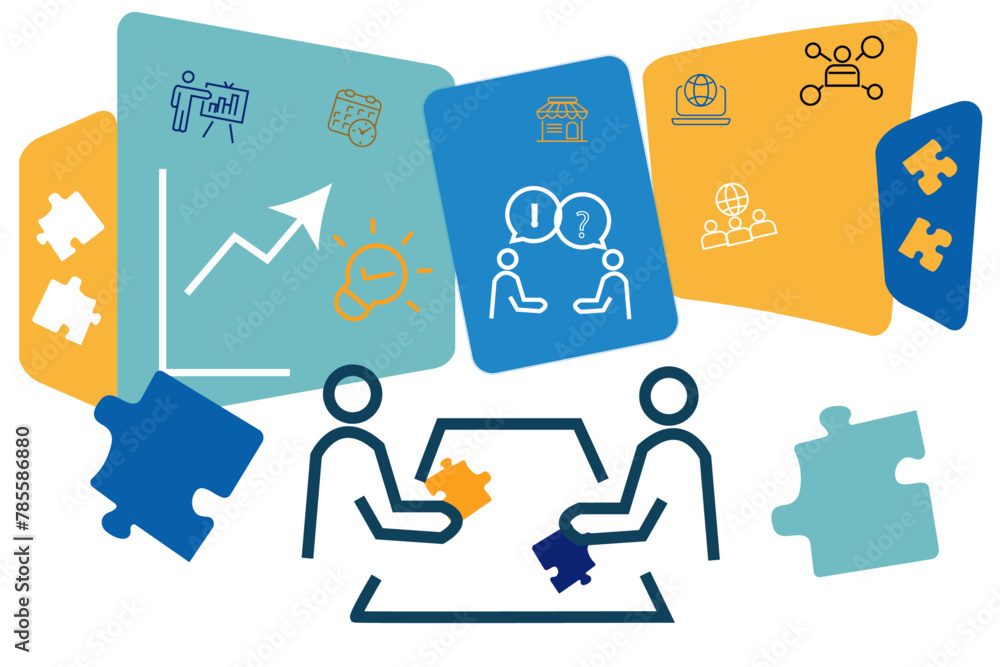 Obraz premium Problems solving and finding solutions. People holding puzzle elements. Vector illustration.