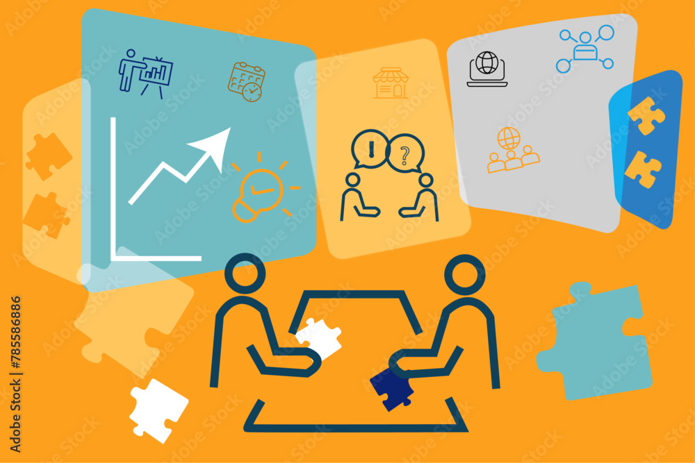 Vector illustration problems solving and finding solutions. People holding puzzle elements. Vector illustration problems solving and finding solutions. People holding puzzle elements.