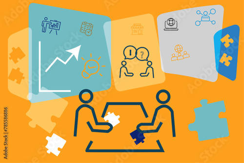 Vector illustration problems solving and finding solutions. People holding puzzle elements.