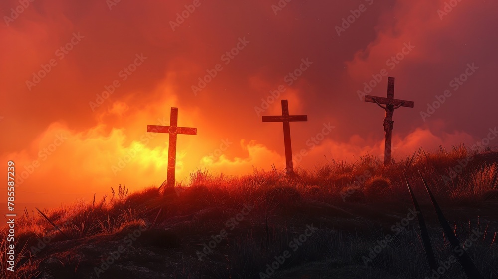 Dramatic Silhouette of Three Crosses Against a Fiery Sunset Dramatic Silhouette of Three Crosses Against a Fiery Sunset