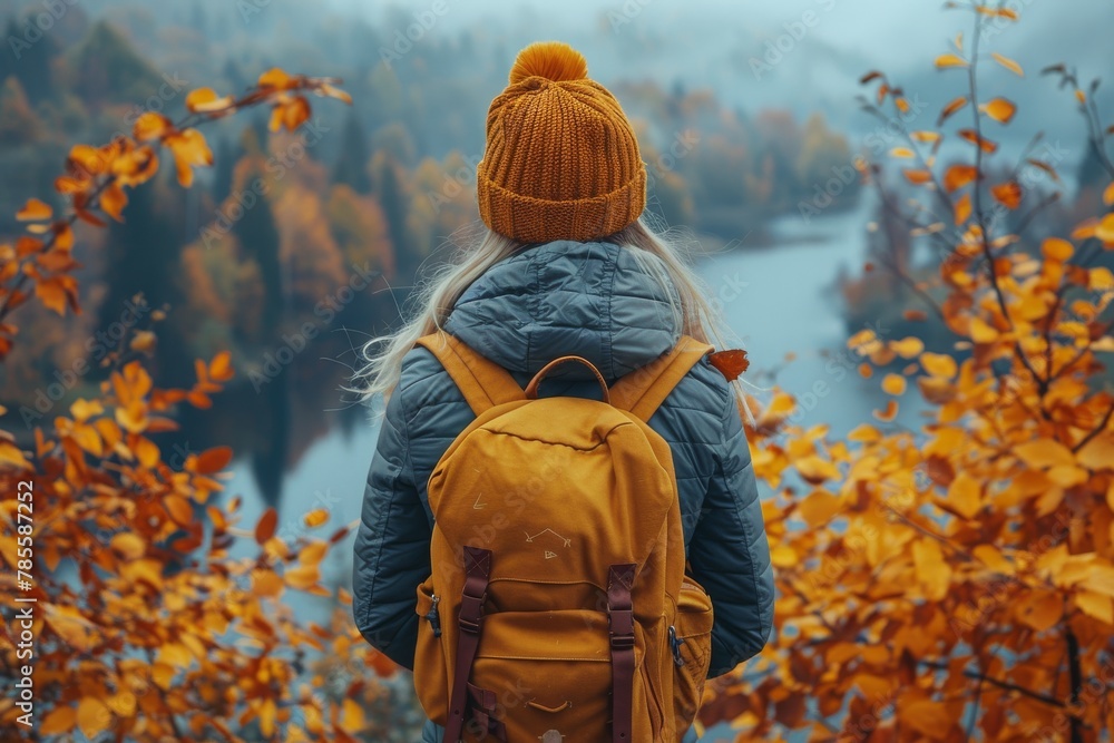 A woman stands with her back to the camera, overlooking a misty, autumn-hued forest, signifying adventure and exploration