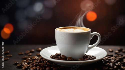 Hot coffee in a cup. Hot coffee with many coffee beans spread around on a wooden table in a warm, light atmosphere, against a dark background, with copy space