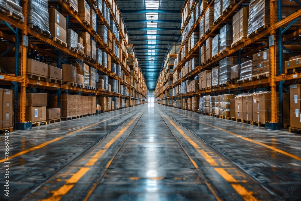 This image captures a perspective view of a modern warehouse interior with tall shelves stocked with boxes This image captures a perspective view of a modern warehouse interior with tall shelves stocked with boxes