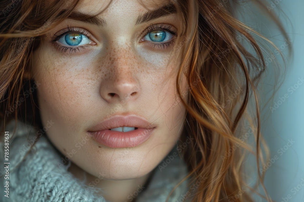 Stunning close-up of a woman with red hair, freckles, and striking blue eyes, conveying depth Stunning close-up of a woman with red hair, freckles, and striking blue eyes, conveying depth