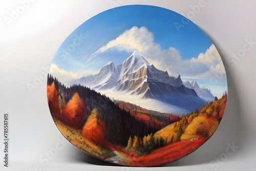 Mountain range covered with snow, in the base of mountains beautiful range of pine and variety of trees, the whole scene is visible in the bibble like circle photo