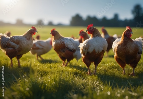 Chickens walk on the grass in the morning
