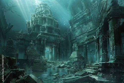 Sunken Temple Amidst the Deep Sea Ruins Illuminated by Celestial Light © KirKam