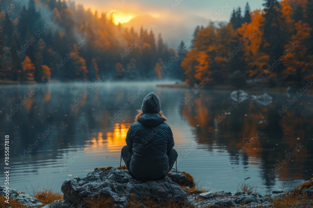 A solitary figure sits contemplating by a mountain lake at sunrise, evoking peace and introspection