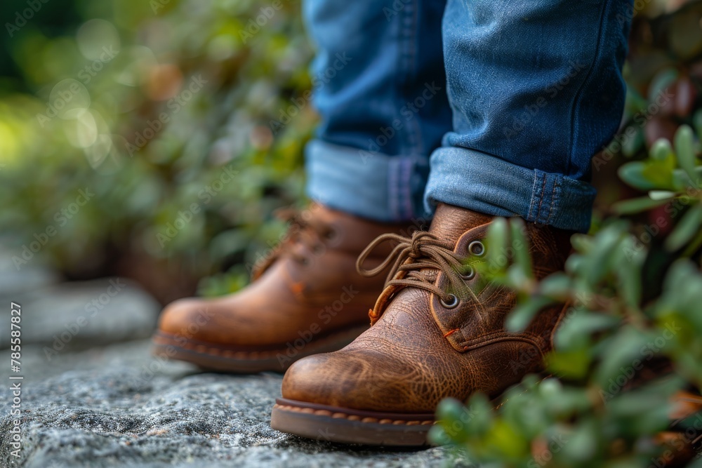 Well-crafted brown leather boots on a textured stone path among green foliage, suggesting adventure Well-crafted brown leather boots on a textured stone path among green foliage, suggesting adventure