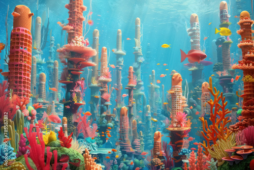 Surreal Coral Towers Beneath the Ocean Waves Teeming with Tropical Fish photo